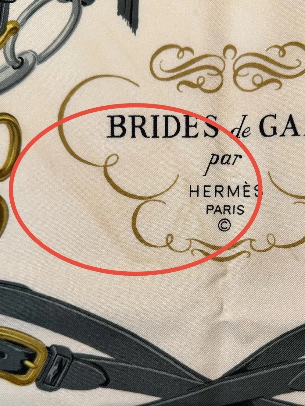 Hermes Red, Cream, Gray & Gold Bridle Print Silk Scarf